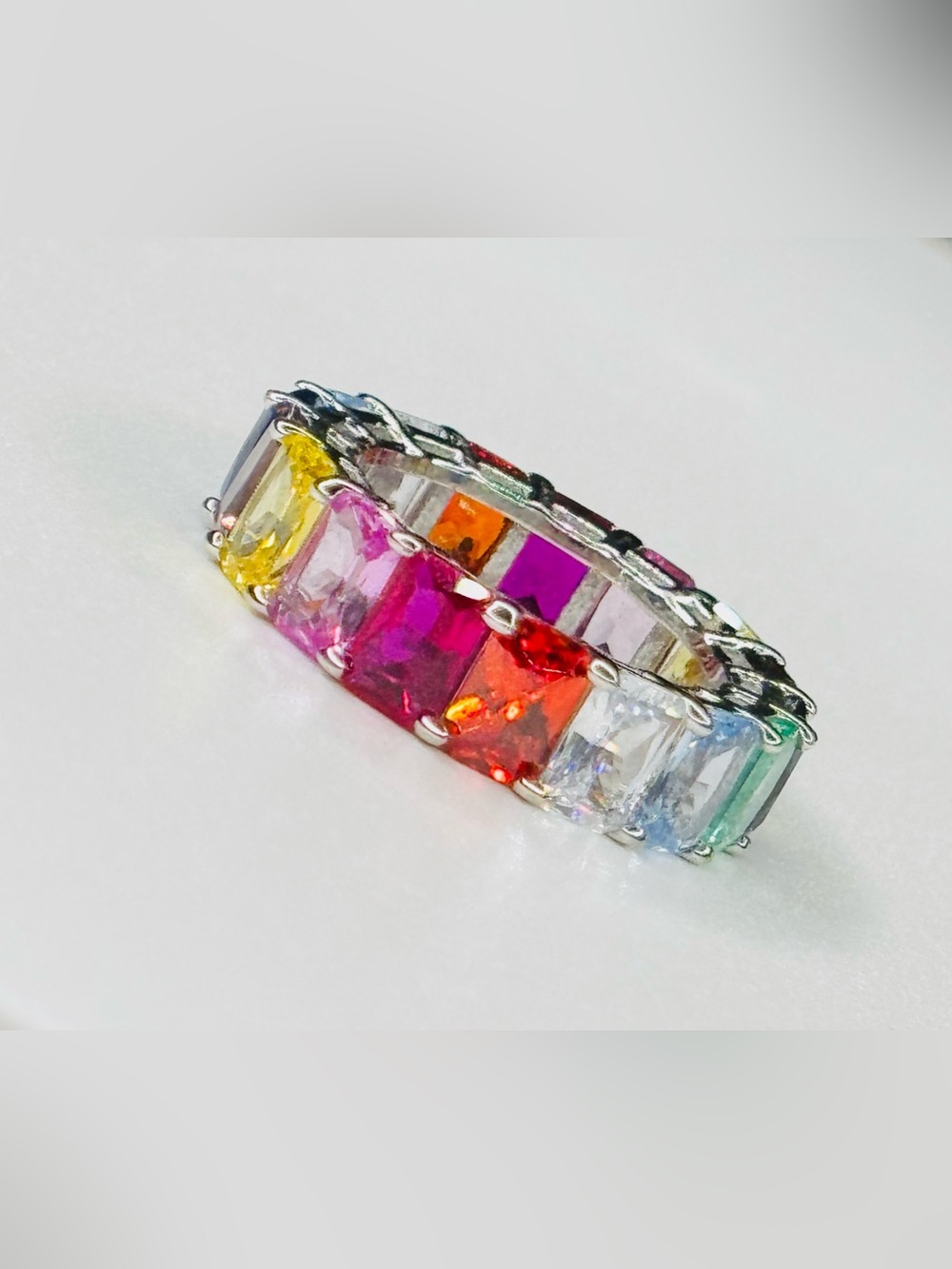 Multicolor Baguette Crystal Eternity Ring - Silver Tone - Picture 2 of 3